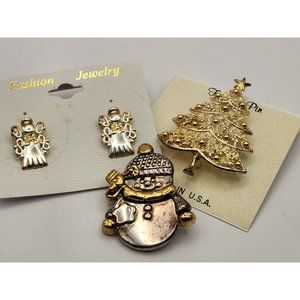 Vintage Jewelry Best Snowman Pendant Brooch MJ Angel Earrings Christmas Tree Pin
